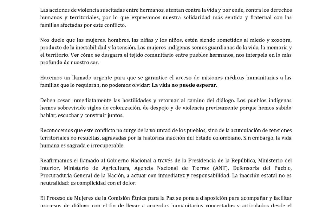 Las mujeres alzamos nuestra voz para salvaguardar la vida ante los hechos en el Cauca