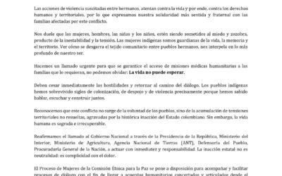 Las mujeres alzamos nuestra voz para salvaguardar la vida ante los hechos en el Cauca