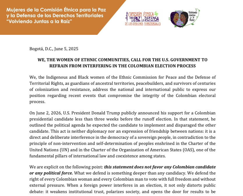 WE, THE WOMEN OF ETHNIC COMMUNITIES, CALL FOR THE U.S. GOVERNMENT TO REFRAIN FROM INTERFERING IN THE COLOMBIAN ELECTION PROCESS